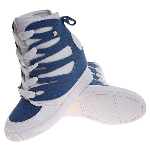 Sznurowane biało niebieskie trampki sneakersy koturnie /C4-3 18048 T284/