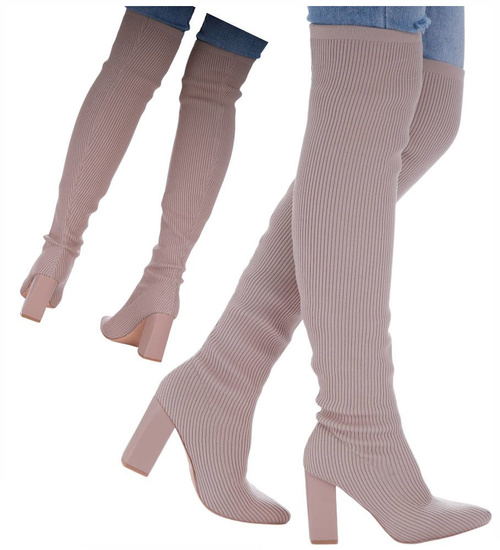 Beżowe kozaki muszkieterki na obcasie /D5-3 16943 T482/