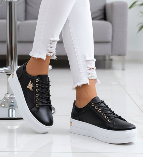 Czarne skórzane damskie trampki na platformie /F1-3 15513 T105/