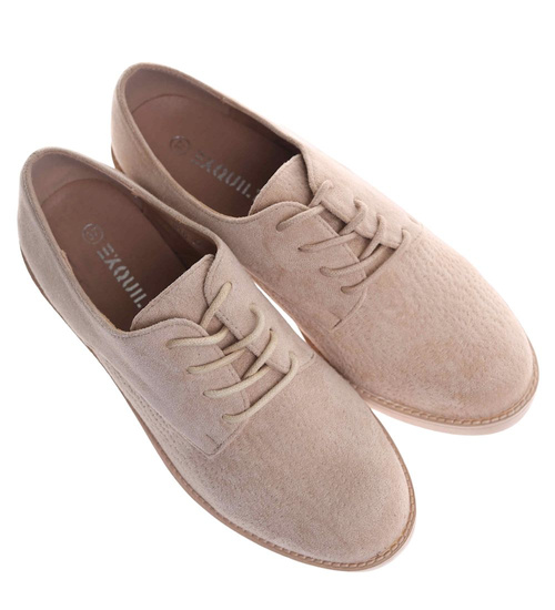 Beżowe baleriny damskie zamszowe oxfordy /J4-2 18621 W177/