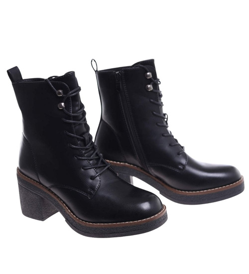 Sznurowane botki workery na obcasie Czarne /i6-3 h2 18406 W385/