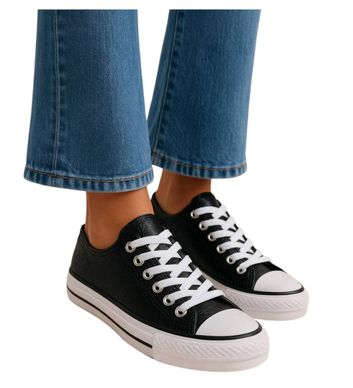 Czarne wiązane damskie trampki /D6-3 16403 G168/