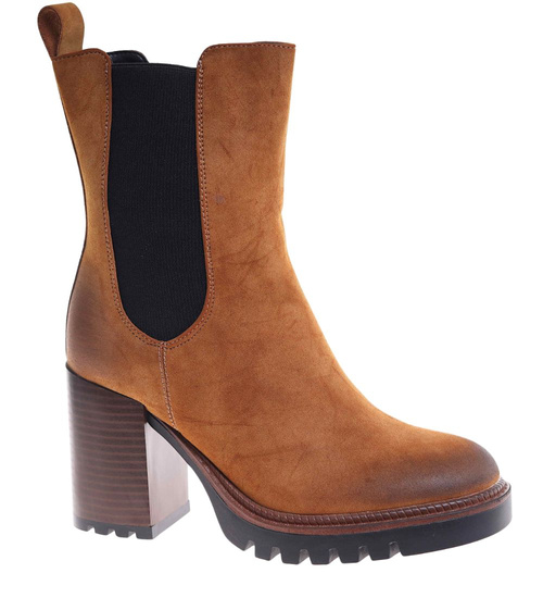 Karmelowe zimowe botki na słupku /L3-2 18592 G288/