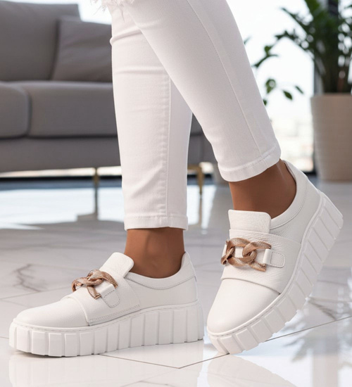 Skórzane półbuty damskie białe na platformie /D7-3 13606 N196/