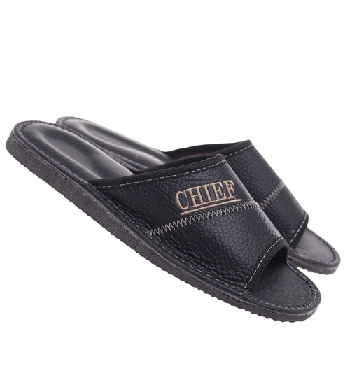 Skórzane otwarte klapki domowe Chief czarne /D2-1 18685 S199/