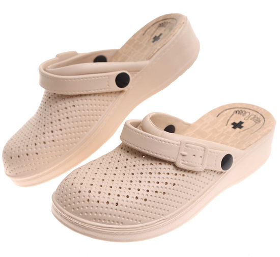 Beżowe kryte ażurowe klapki damskie /F3-1 17907 T189