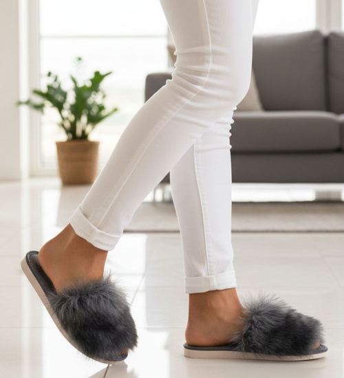 Szare damskie klapki z kudłatym futerkiem Premium /A10-1 11321 S292/