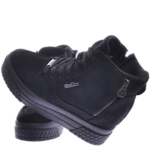 Czarne zamszowe sneakersy na koturnie i platformie /G13-1 12449 T730/