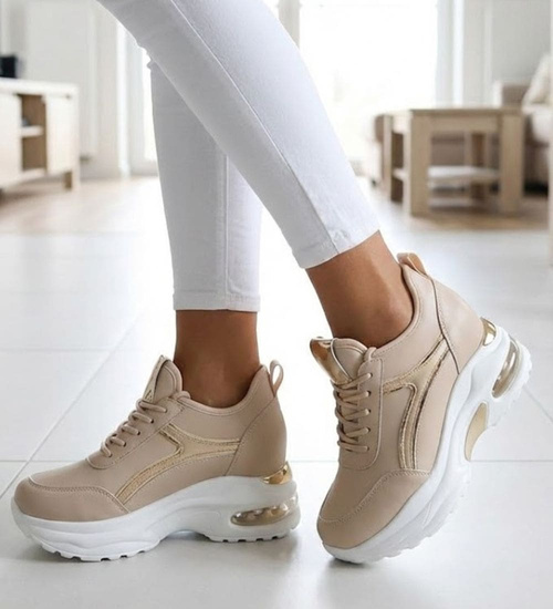 Beżowe trampki sneakersy na niskim koturnie /B3-3 13271 T804/