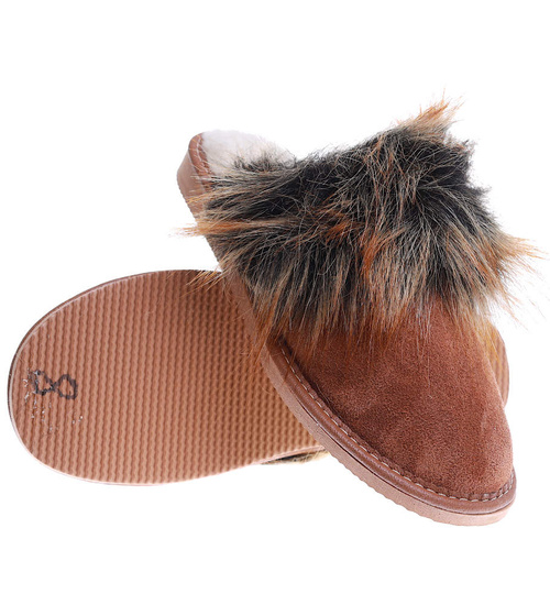 Skórzane ocieplane kapcie damskie Brązowe /G1-1 15447 S198/