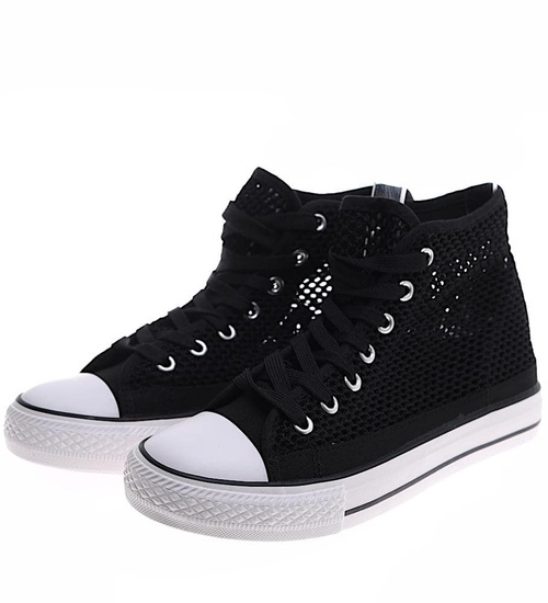 Ażurowe sznurowane trampki damskie Czarne /F1-1 16331 G9-84/