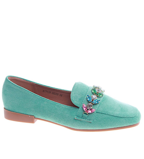 Zielone balerinki lordsy z kamieniami /A2-2 13521A T463/