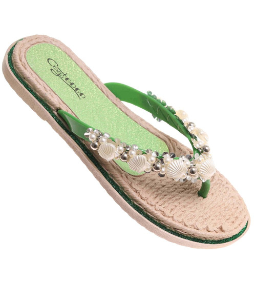 Zielone plażowe damskie klapki japonki z muszelkami /F6-2 17876 T088/
