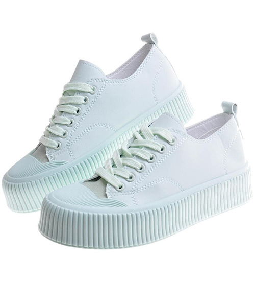 Seledynowe sznurowane trampki na platformie /G8-3 12271 S396/