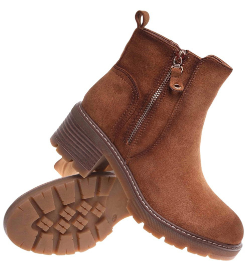 Karmelowe botki damskie na grubym obcasie /F10-2 18245 W477/