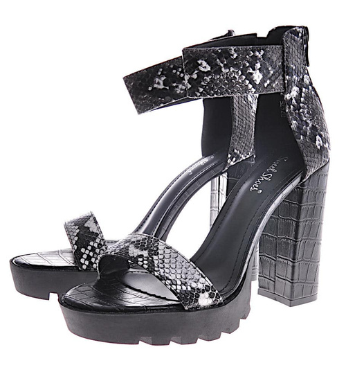 Czarno białe kobiece sandały na obcasie /G13-1 12075 T393/