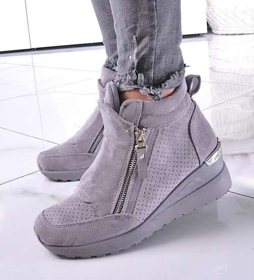 Szare sneakersy damskie na koturnie /B2-2 12852 T890/