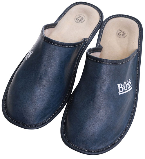 Skórzane męskie kapcie na prezent Granatowe /F1-1 7893 S196/