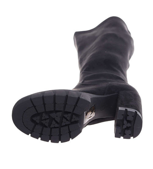 Czarne kozaki damskie na obcasie i platformie /A3-2 18433 T6/