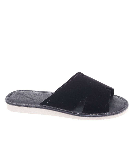 Skórzane domowe klapki kapcie czarne /A3-1 18695 S194/