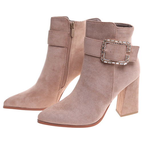 Beżowe klasyczne botki damskie na obcasie /D7-3 18338 T381/