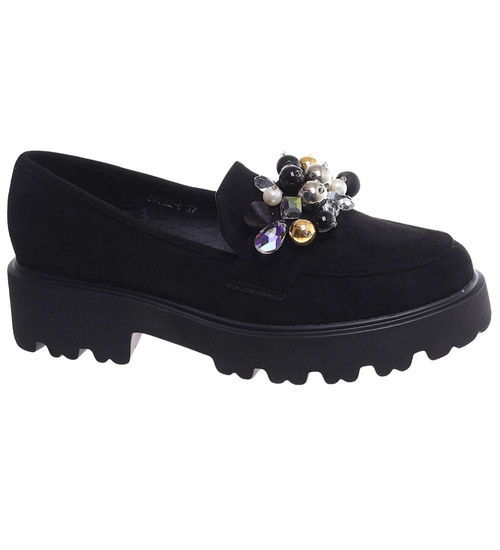 Czarne półbuty loafersy na platformie z kamieniami /A8-2 18483 T203/