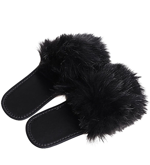 Klapki z futerkiem na grubym spodzie Czarne /E1-1 6925 S197/