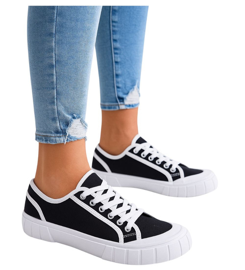 Czarne wiązane damskie trampki /C3-3 18068 T10-5/