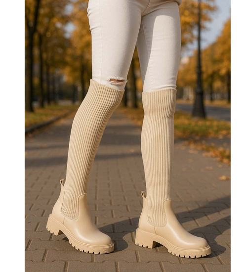 Beżowe kozaki muszkieterki z elastyczną cholewką /C1-1 18333 T380/