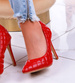 Czerwone pikowane szpilki damskie ze szpicem /A5-3 13220 T298/