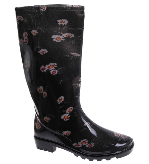 Kalosze damskie Czarne wysokie gumiaki w kwiaty /C3-1 17792 T349/