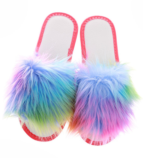 Tęczowe klapki damskie z futerkiem /A3-1 16396 S291/