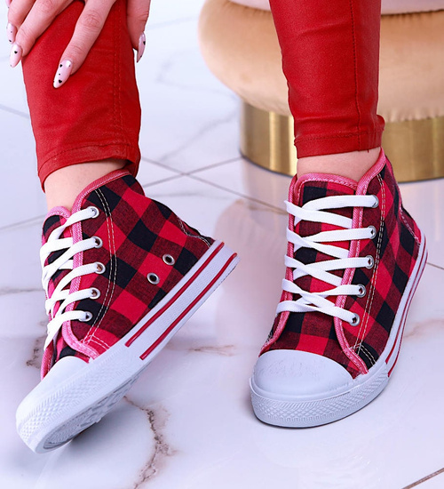 Wysokie damskie trampki z tkaniny w kratkę FUKSJA /F 9-2 7629 S097/