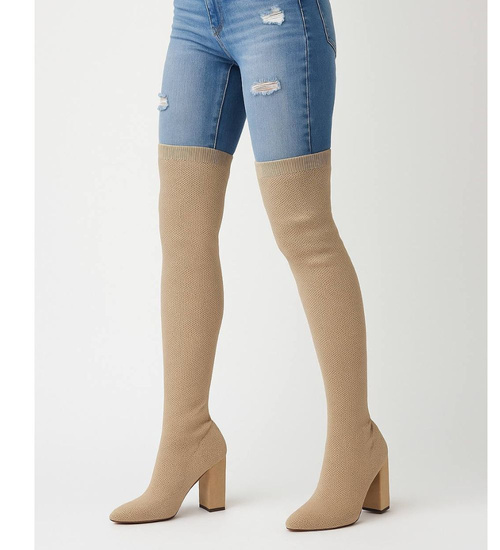 Wysokie kozaki elastyczne Beżowe na obcasie /F3-3 18154 T388/