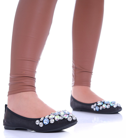 Czarne baletki damskie z kamieniami /G7-2 13043 T595/
