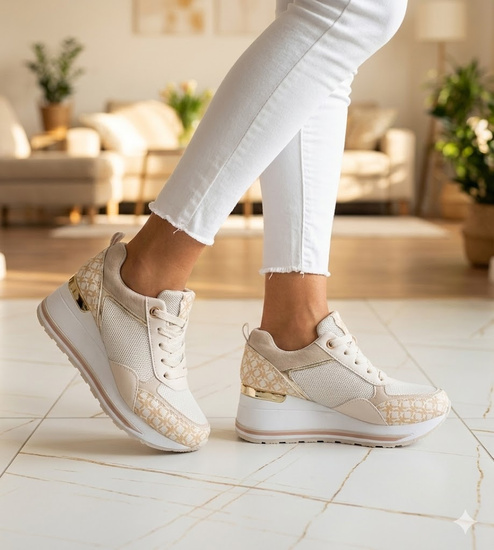 Beżowe trampki sneakersy na niskim koturnie /D1-2 13915 T396/