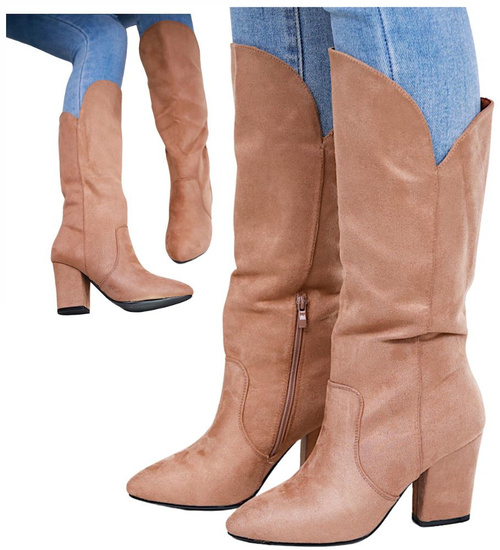 Klasyczne beżowe kozaki na obcasie z zamszu /C5-3 16896 G483 +H2/