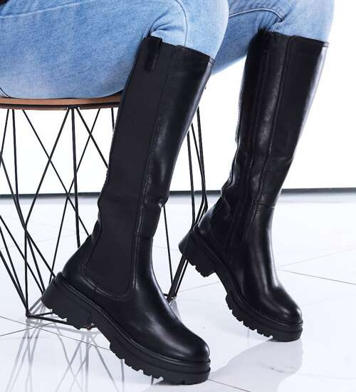 Czarne kozaki sztyblety na platformie /C3-2 15451 T444/