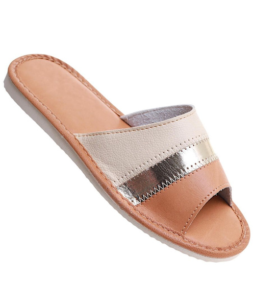 Kapcie damskie Brązowe domowe klapki skórzane /B4-1 10935 S194/