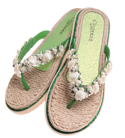 Zielone plażowe damskie klapki japonki z muszelkami /F6-2 17876 T088/
