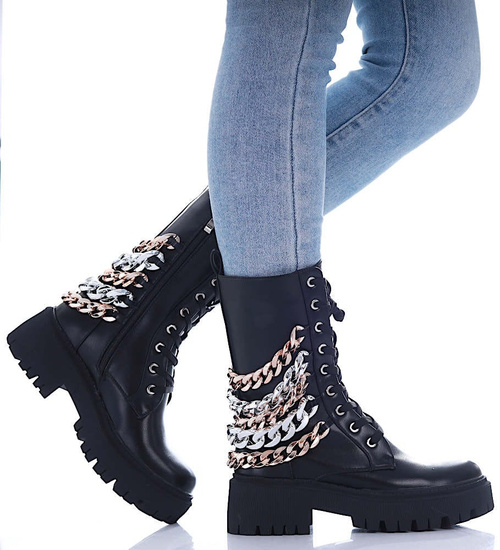 Sznurowane czarne glany trapery na platformie /E9-1 17022 T217/