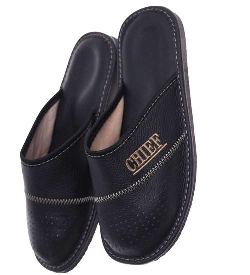 Skórzane kryte klapki domowe Chief czarne /G5-1 18684 S290/