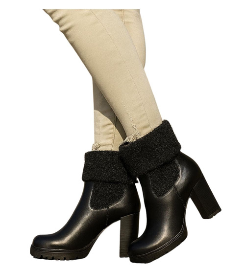 Czarne zimowe botki na słupku /E1-1 18562 G284/