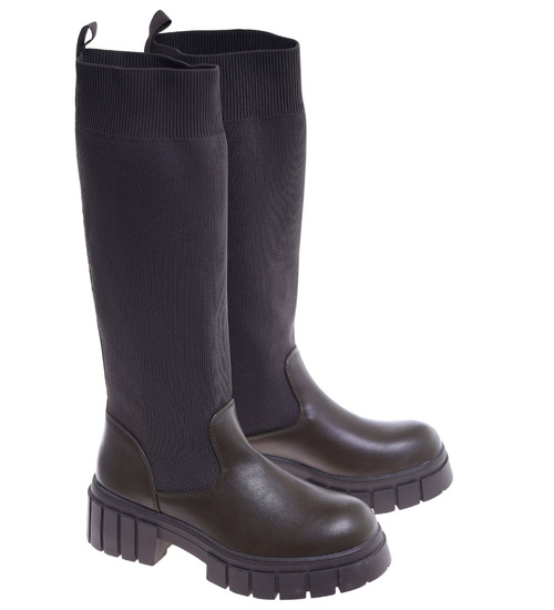 Zielone kozaki damskie na platformie /E9-3 18087 T390/