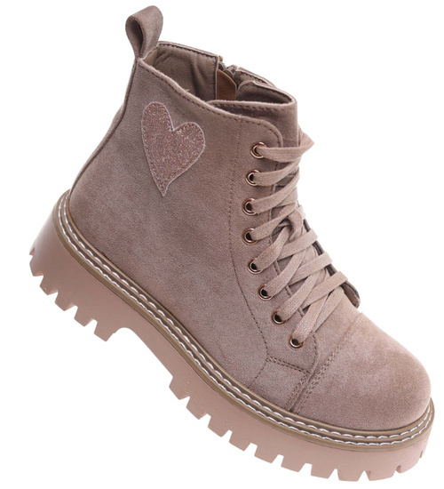 Sznurowane botki trapery na platformie Khaki /G5-2 18246 W437/