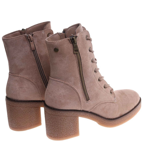 Damskie wiązane botki na obcasie Khaki /F2-1 18232 W431/