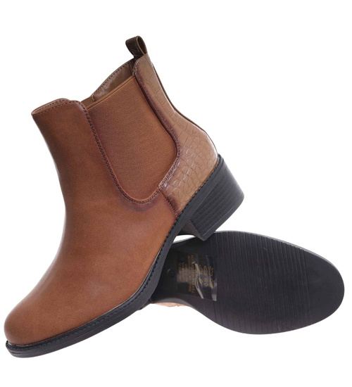 Karmelowe botki sztyblety na płaskim obcasie /K3-2 18508 W233/