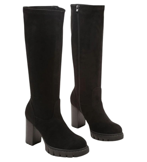 Czarne kozaki damskie na obcasie i platformie /A3-2 18433 T6/