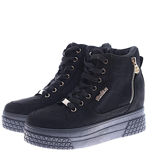 Czarne zamszowe sneakersy na koturnie i platformie /G4-3 15506 T634/
