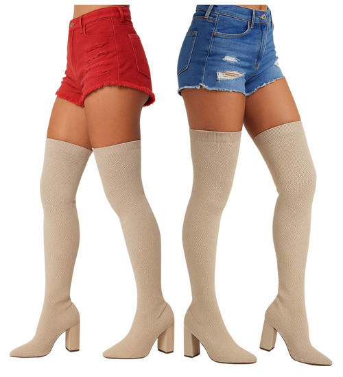 Wysokie kozaki elastyczne Beżowe na obcasie /F3-3 18154 T388/